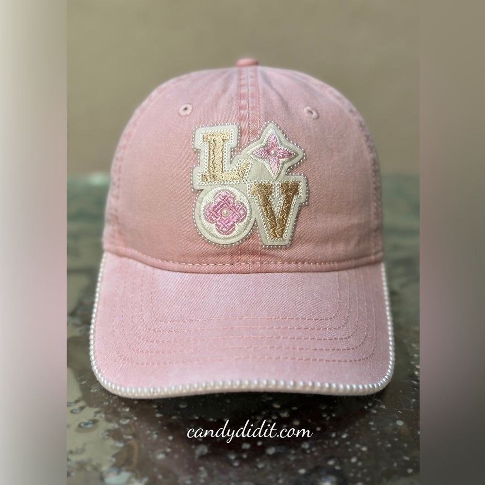 NWT Feminine Designer Look Pastel Faded Pink With Pearls Love LV Ball Cap
